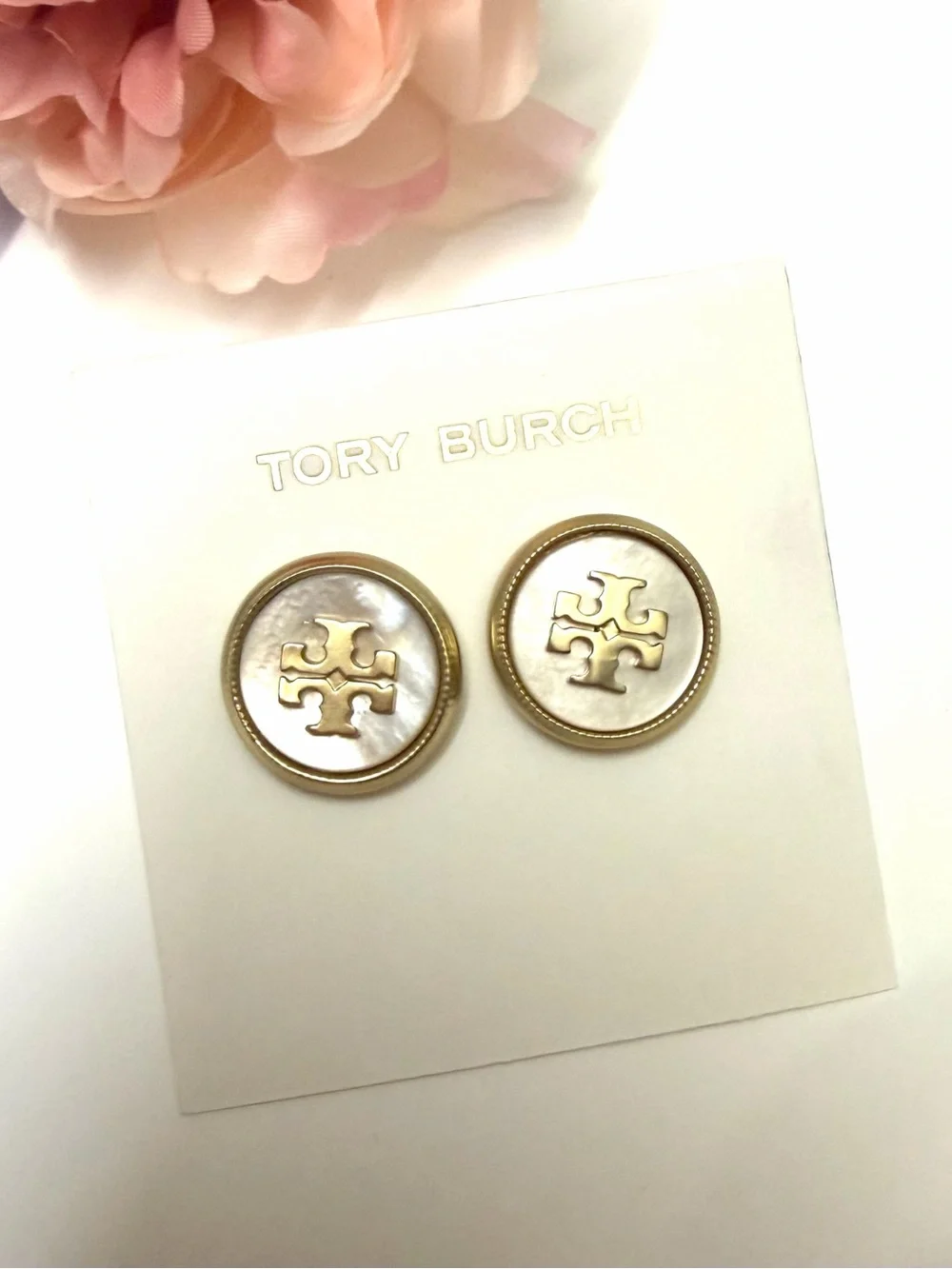 Tory Burch Gold Logo Button Earrings with Mother-of-Pearl